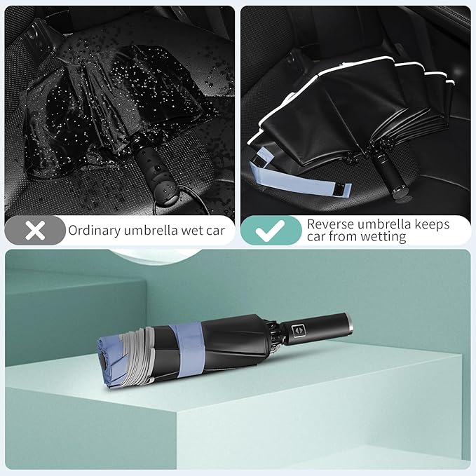 Yoobure Inverted Windproof Travel Umbrella - Automatic Umbrellas for Rain, Compact Folding with Reflective Stripe, Portable Large for Backpack, Lightweight with Sun UV Protection