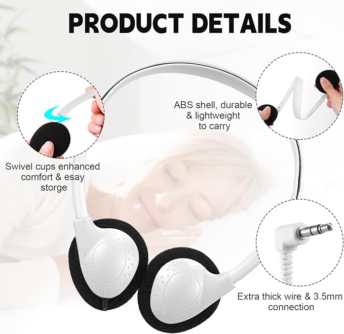 Konohan 10 Pack Headphones Bulk Headphone for School Classroom Student Wired Headphones Adjustable with 3.5 mm Jack for Adults (White)