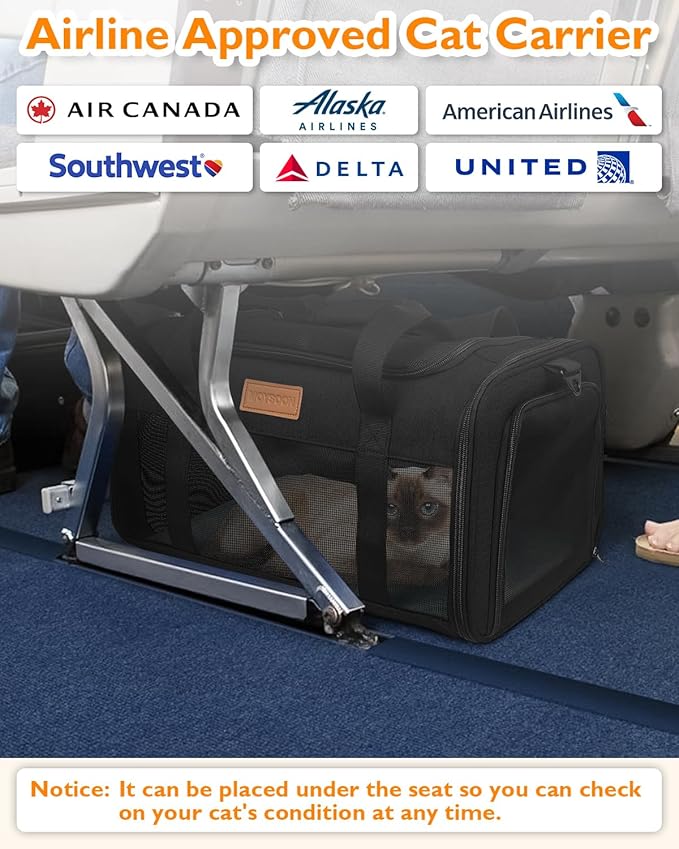 PETUX TSA Approved Pet Carrier in Cabin - 17"x11"x9.5", Underseat, Soft Sided Cat Carriers with Safety Zippers and Anti-Scratch Mesh for Small Cat up to 12 lb, Ideal for Travel and Vet Visit, Black