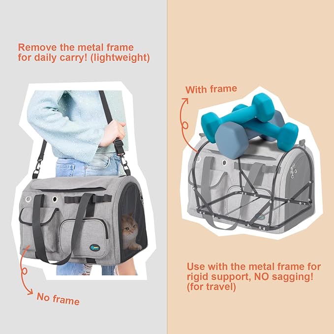 Ownpets Airline Approved Large Cat Carrier - Fits Most Airlines, Foldable Pet Travel Carrier with Metal Frame, Waterproof for Medium Big Cats 20 lbs+ & 2 Kittens/Puppies, Grey (17.7"x11.8"x12.2")