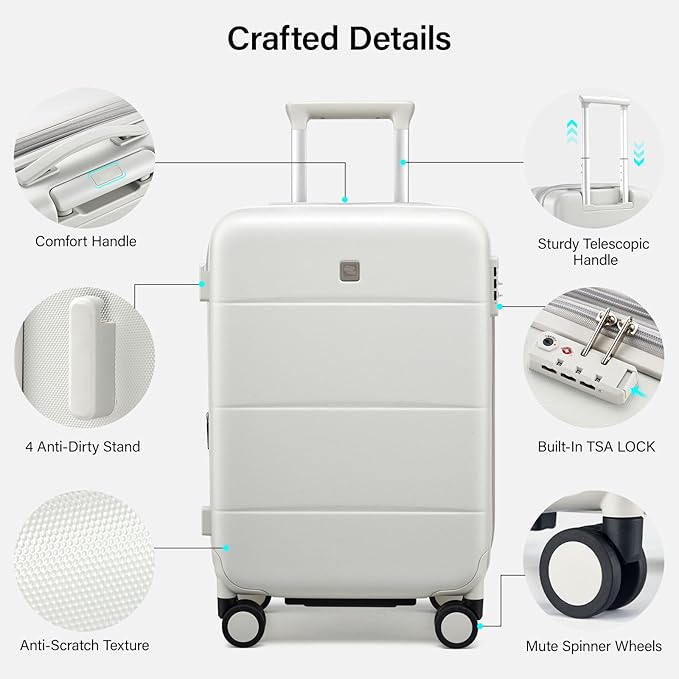 Hanke Expandable Carry On Luggage 22x14x9 Airline Approved, 20 Inch Hardside Luggage with Spinner Wheels, All-PC Hard Shell Carry-On Suitcase, Lightweight & TSA Approved (Smoke White, 46L)