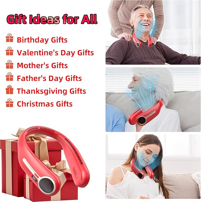 Portable Neck Fan,Hands Free Personal Wearable Bladeless Fan,6000mAh USB Rechargeable,360° Cooling,LED Display,4-Speeds,Birthday Gifts for Men Women Dad Mom,Stocking Stuffers Christmas Gifts (Red)