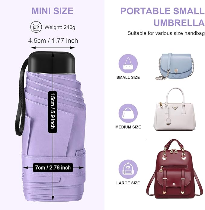 LEAGERA Compact Mini Travel Umbrella with Case - Mini Umbrella for Purse, Small Lightweight &Tiny Design Perfect for Parasol Outdoor Sun&Rain Umbrellas, Light Purple Color