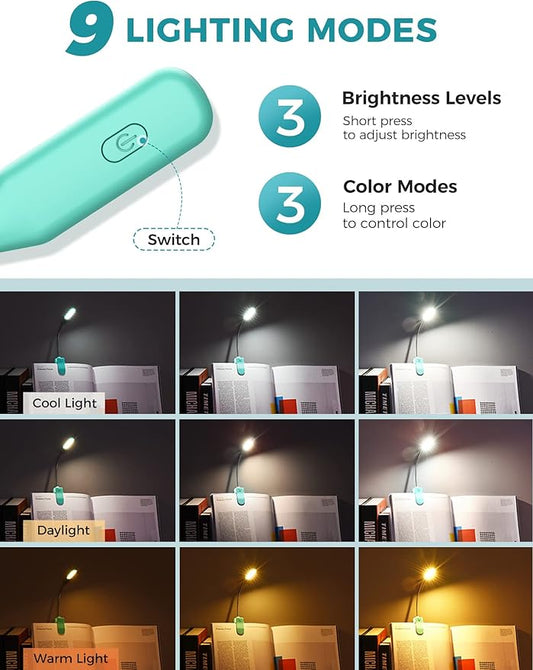 Monotremp Book Lights for Reading at Night in Bed, 80 Hours Runtime Rechargeable Reading Lights for Books in Bed, 3 Brightness Levels × 3 Color Temperatures, 1.3 oz Lightweight