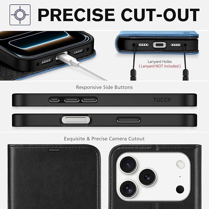 TUCCH Wallet Case for iPhone 17 Pro (6.3") 2025, RFID Blocking 4 Card Slots | Kickstand | Magnetic Closure | PU Leather | Shockproof TPU Shell | Protective Flip Cover | Black & Light Blue