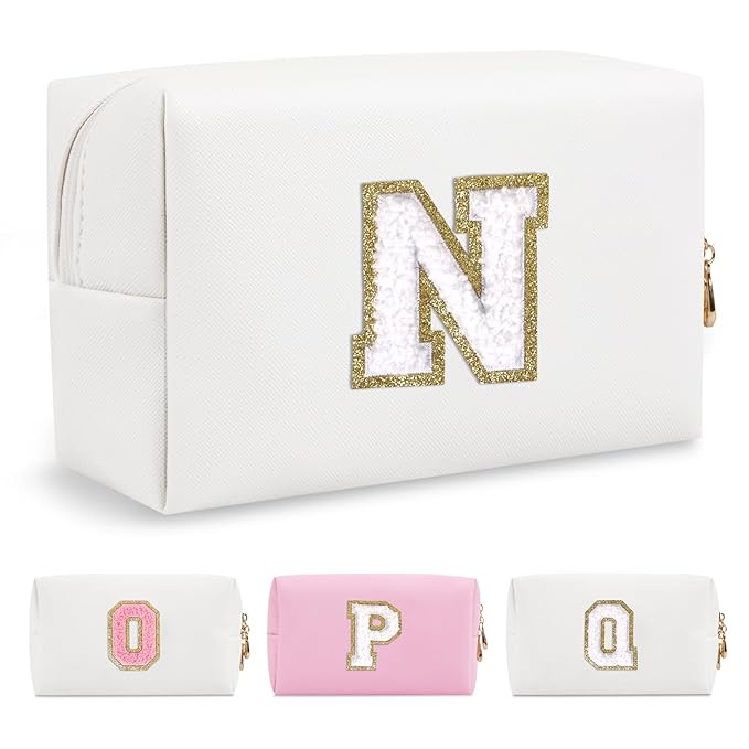 Small Personalized Initial A-Z Preppy Patch Makeup Bag,White PU Chenille Letter Travel Cosmetic Pouch with Zipper,Cute Toiletry Bag,Gift Ideal for Teen Girls Women Teacher Bridesmaid,Letter N