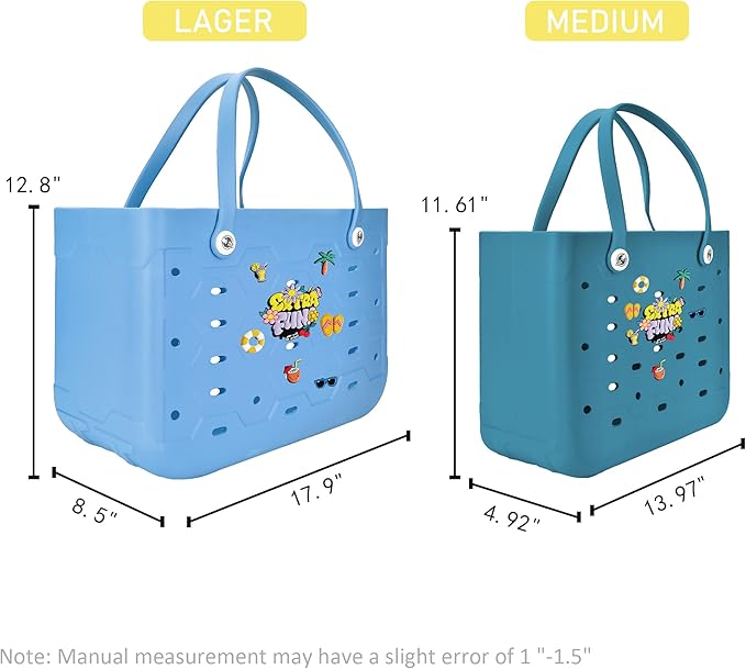 2-Piece Tote Bag Set, Waterproof Rubber Beach Bag with Summer Pattern, Medium & Large Handbag for Pool, Beach, Boat
