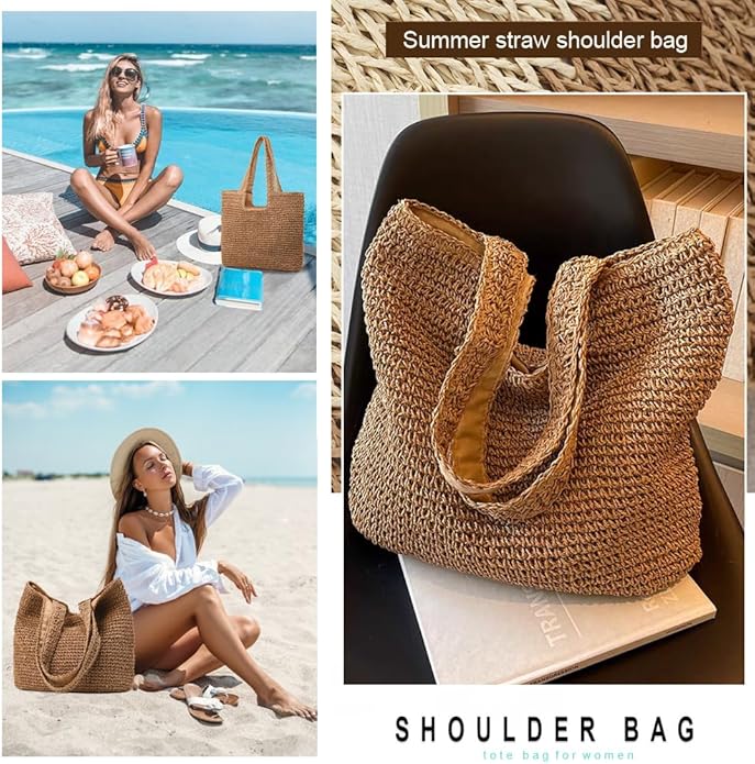 Straw Beach Bags for Women Woven Beach Tote Bag Casual Boho Large Shoulder Handbags Purse for Vacation Holiday