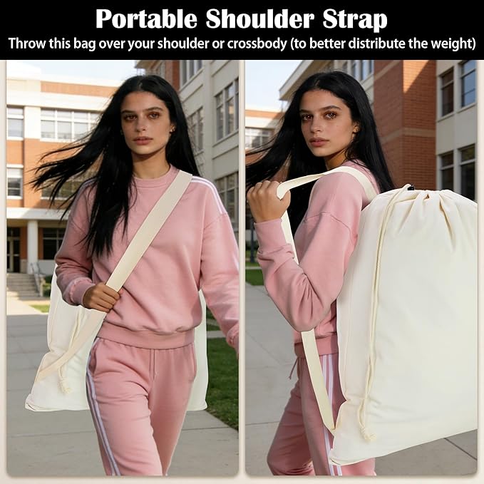 Canvas Laundry Bag with shoulder Strap 24" x 29", Large Drawstring Dirty Clothes Bag Washable Laundry Sack for College Dorm, Travel, Home, Camp (Beige)