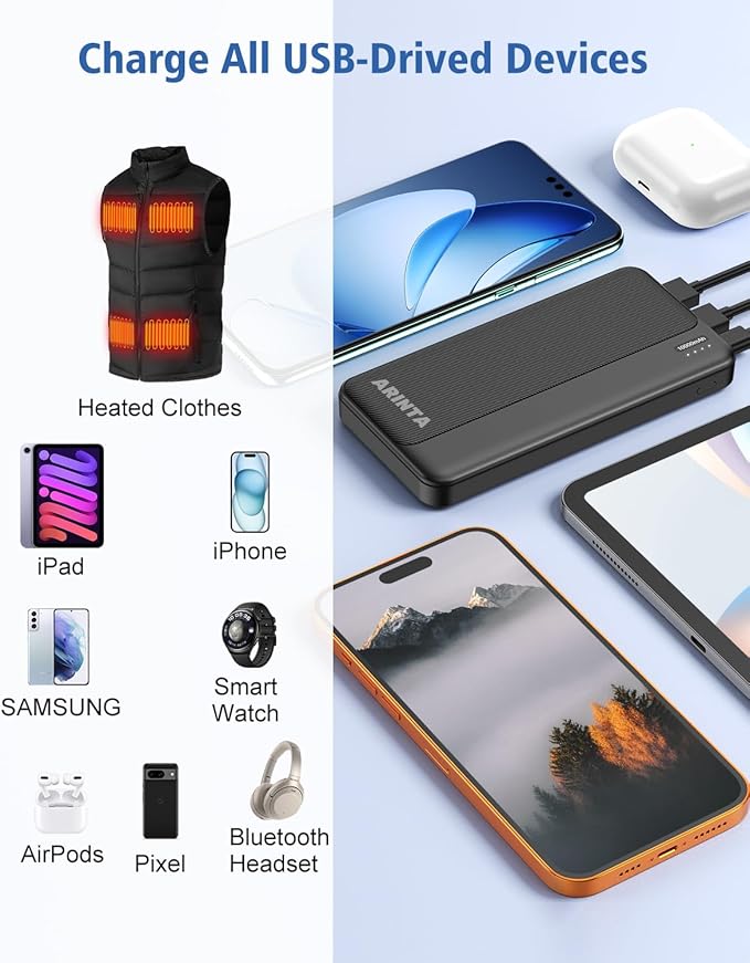 5V 2A Battery Pack Power Bank for Heated Vest, Heated Jackets, Heated Pants, 10000mAh Pocket Size Portable Charger for Heated Clothing, USB Heated Blankets, Heated Coats. (Black)