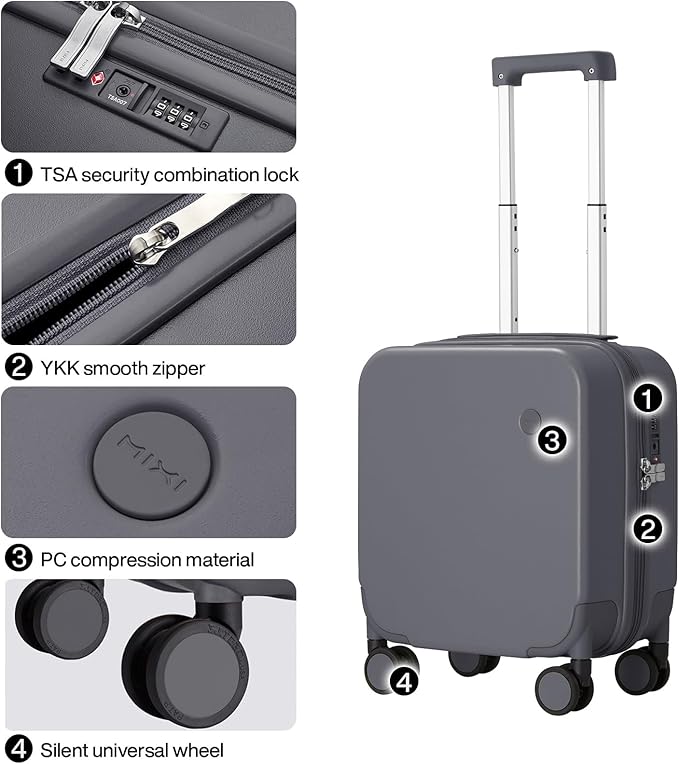 mixi 14 Inch Underseat Luggage Carry on Suitcase Free Boarding Personal Item Suitcases with Spinner Wheels Hardshell Lightweight PC for Short Travel, Rock Gray