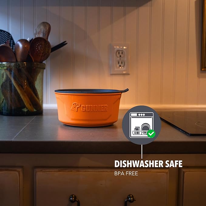 Dog Bowl with Spill-Proof Travel Lid – 7.5" x 3.75", 1.3 lb, 7-Cup Capacity, BPA-Free, Rust-Proof, Shock-Resistant, Stackable, Dishwasher Safe, Leak-Resistant Nesting Lid – Orange