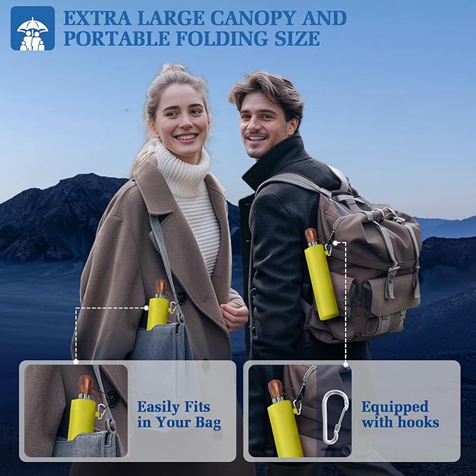 Umbrellas for Rain, 47" Large Windproof Travel Umbrella, Triple-Layer Vented Canopy, 10 Fiberglass Ribs, Auto Open Close Compact Umbrella, Wooden Handle, Heavy Duty for Commute, Gifts for Men & Women