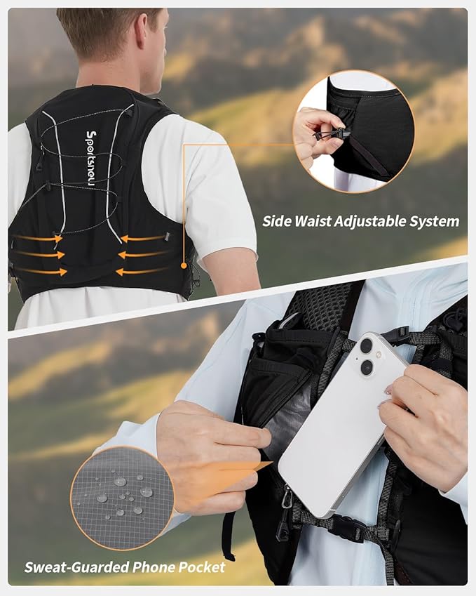 Sportsnew Running Vest for Women Men, Lightweight 10L Hydration Backpack with Waterproof Phone Pocket, Hydration Pack with Water Bladder for Hiking Trail