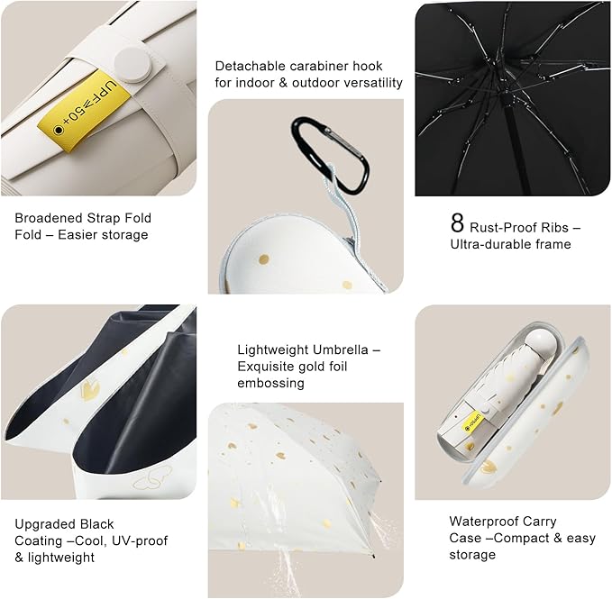 Compact Travel Umbrella - Mini Manual Umbrella for Purse, Windproof & UPF 50+ Sun & Rain Protection, Lightweight Portable Folding with Case for Women, Men，Kids