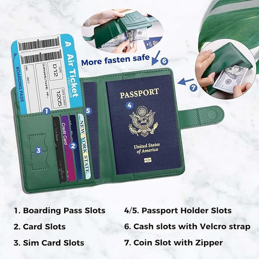 Cnycmy Passport Holder with RFID Blocking, Cash Pocket & Back Zipper Coin Pocket - Travel Document Holder, Magnetic Button, Multiple Card Slots - Soft PU Leather for Men and Women(MOSS GREEN)
