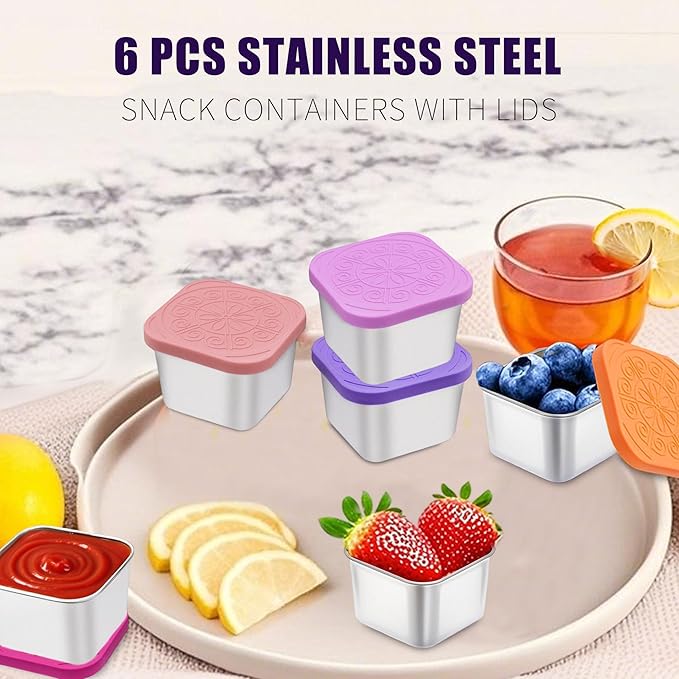 sagact 304 Premium Stainless Steel Snack Containers with Silicone Lids, Snackle Box Containers, Easy-Open Leak-Proof Kids for Taking Out for a Picnic, Lunch Box and Travel. (All-6, 2 OZ)