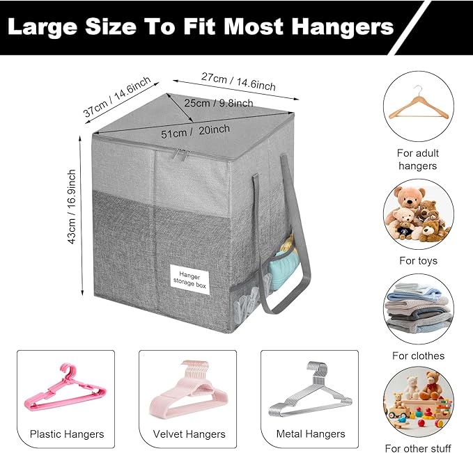 2 Pack Clothes Hanger Organizer Bag with Lid, Rigid Hanger Storage Containers,Hanger Caddy Organizer Box with Handle and Label Window Keep Closet Laundry Rooms Tidy (17 inch Height,Grey)