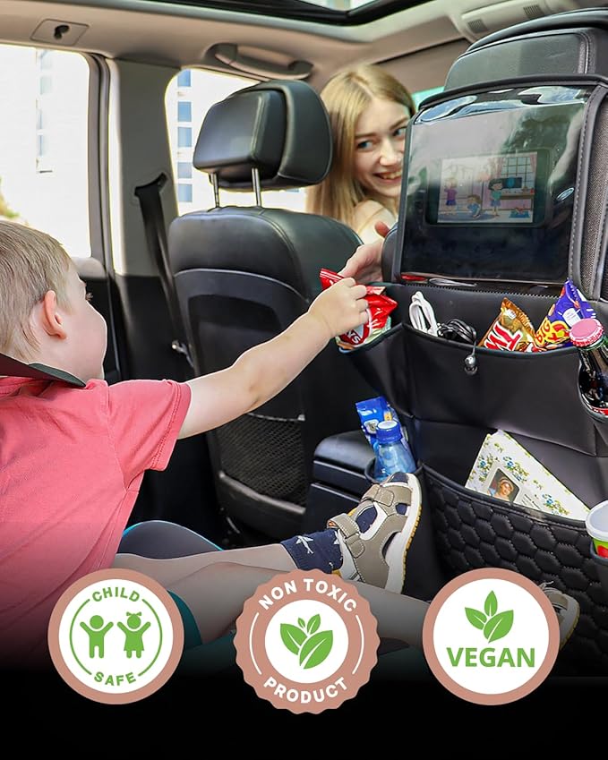 Owleys Back of Seat Organizer for Kids with Transparent Tablet Pocket & 8 Compartments | 27.5"x18.5" | Black Travel Accessory for SUV, Truck, Sedan, Van, Jeep