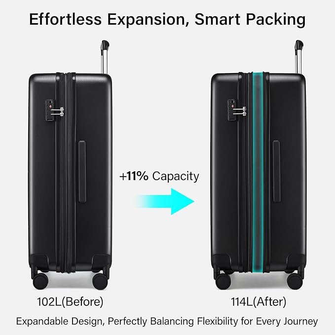Hanke Expandable 28 Inch Luggage with Spinner Wheels, Hardside Large Suitcase, All-PC Hard Shell Checked Luggage, TSA Lock, Durable Checked-Large (Jet Black, 114L)