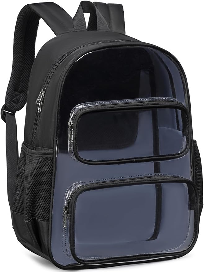 CAMTOP Clear Backpack Heavy Duty Transparent Bag See Through BookBag for Student School Work Festival Sport Travel (Black Cloth)