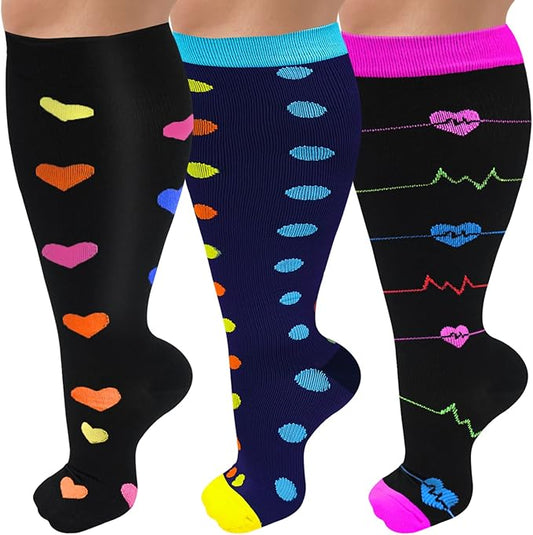 3 Pack Plus Size Compression Socks for Women & Men, Extra Wide Calf Knee High Stockings for Circulation Support