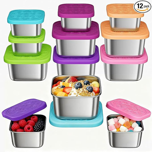 Dobyusf 12-Piece Stainless Steel Snack Container Set - Airtight Silicone Lid with Printed Design Sauce Containers, Multi-Use Food Storage for Salads, Dips, Snacks, Microwave & Dishwasher Safe