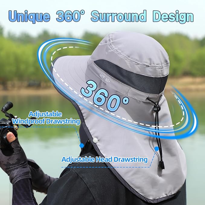 UPF 50+ Sun Hats for Men Women, Wide Brim & Face Neck Flap Fishing Hat, UV Protection Summer Hat for Fishing Hiking Outdoor