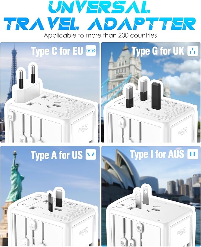 35W PD Universal Travel Adapter with 5 USB Ports and 2500W AC Outlets, PD Fast Charging International Plug Converter Travel Charger Multi Plugs All in One for EU US UK AUS 200+ Countries