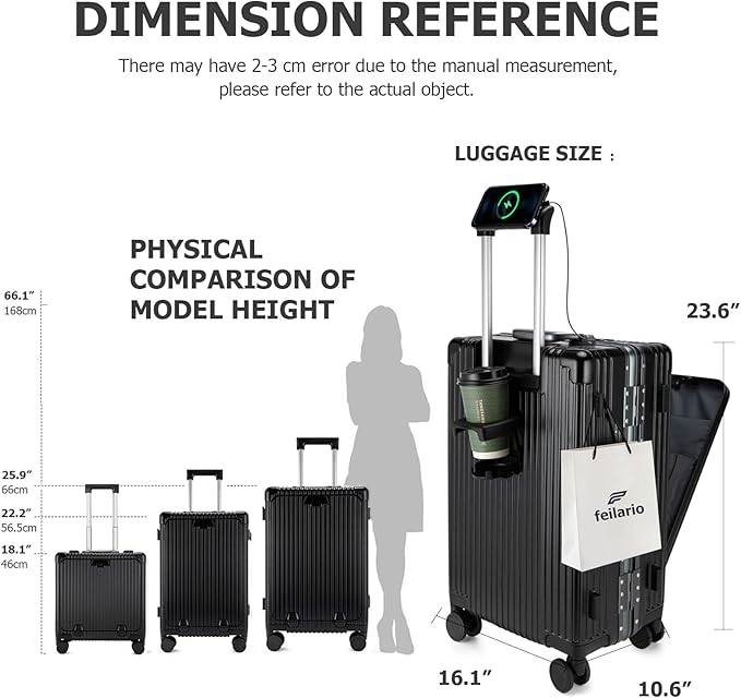 feilario 24in Aluminium Frame PC Hard Shell Spinner Wheels Luggage, Built-In TSA lock Carry on Suitcase, with Cup Holder, USB Port, Phone Holder ﻿