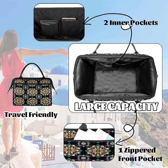 Large Travel Duffle Bag for Women Men,Waterproof Weekender Overnight Bag Carry on Tote Bags for Gym Sport Business Trip,Mexican Floral Tile Duffel Bags