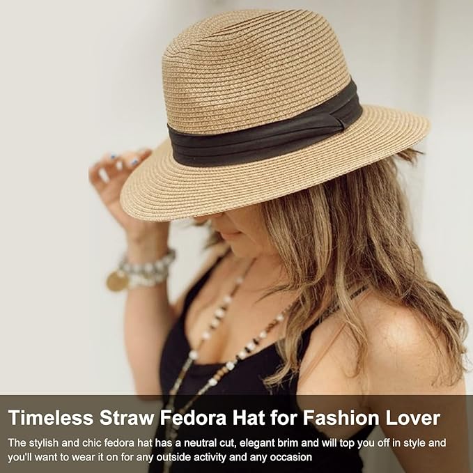 DRESHOW Women Straw Panama Hat Travel Fedora Beach Sun Hat Summer Wide Brim Straw Roll up Hat UPF 50+
