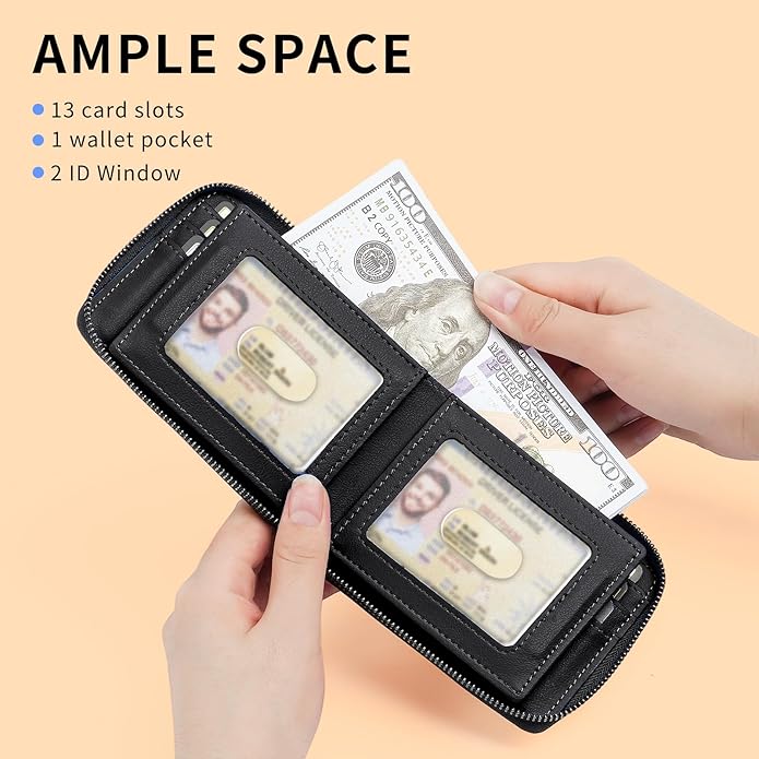Men’s RFID Blocking Zipper Wallet with 2 ID Windows - Large Capacity Design, 13 Credit Card Slots