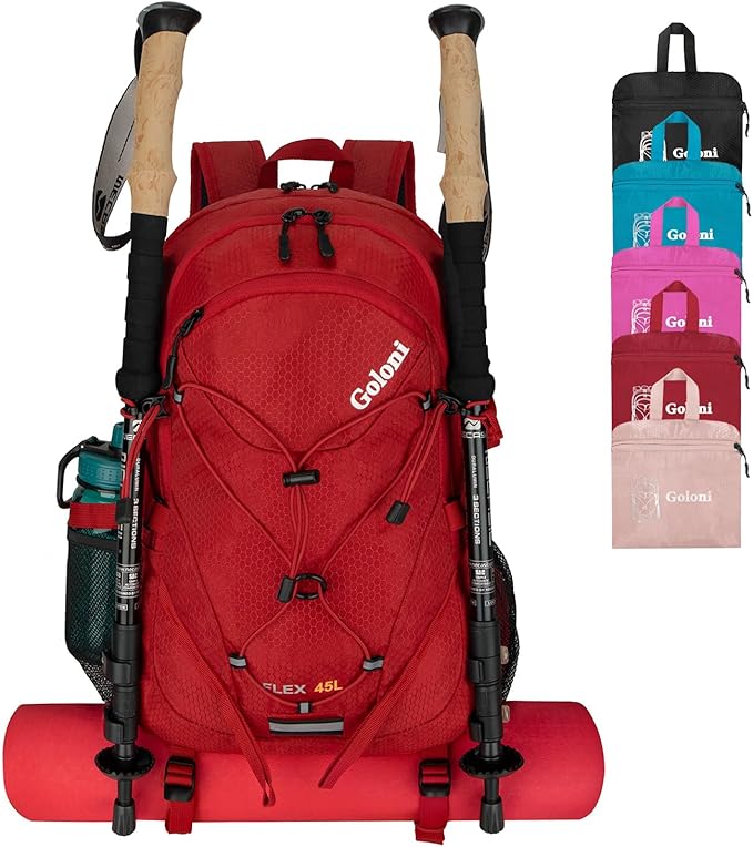 45L Hiking Backpack with Rain Cover, Lightweight Foldable Camping Backpack for Trekking, Water-Resistant Daypack with Hiking Pole & Mat Carrying System,Red