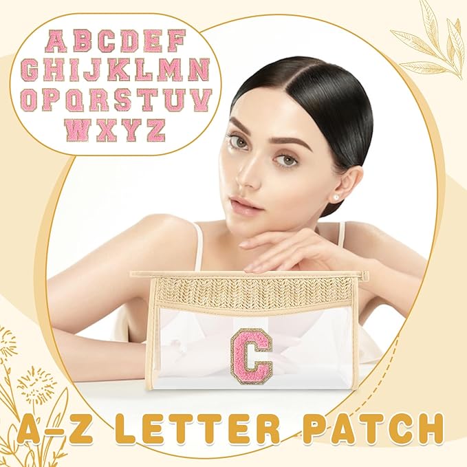 Small Boho Straw Initial Letter Makeup Bag Personalized Gift ,Cute Clear Chenille Patch Makeup Bag With Zipper,Trendy TSA Approved Travel Toiletry Bag,Gift for Women Girls Birthday Friend, Letter C