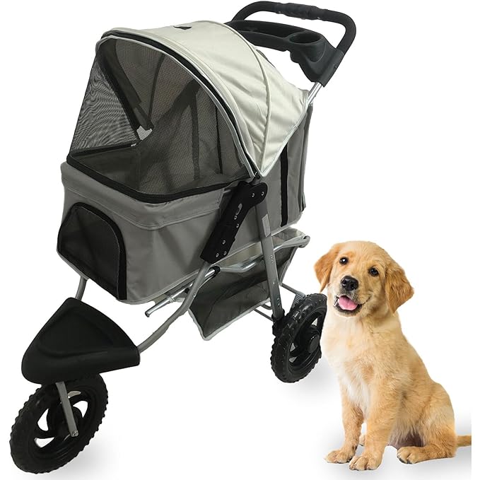 Critter Sitters 4-Wheel Dog Stroller for Medium or Large Sized Dogs & Cats with Scratch Resistant Breathable Mesh Windows and Safety Leash, Storage Basket, Cup Holders, Lockable Wheels, Light Grey