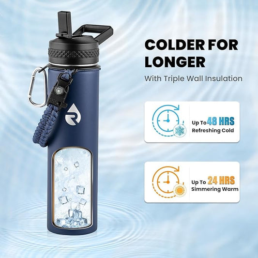 Insulated Water Bottle 24oz, Triple Wall Vacuum Stainless Steel (Cold for 48 Hrs, Hot for 24Hrs), Leak Proof & Non-BPA, 24oz Hydro Water Flask with Paracord Handle & Straw Spout Lids