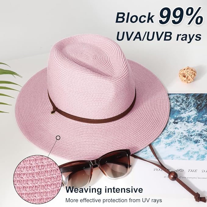 DRESHOW Women Straw Panama Hat Travel Fedora Beach Sun Hat Summer Wide Brim Straw Roll up Hat UPF 50+
