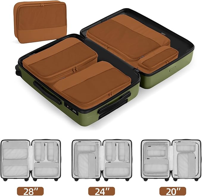 4 Piece Compression Packing Cubes for Suitcases and Backpack, Lightweight Travel Organizers (Light Brown)