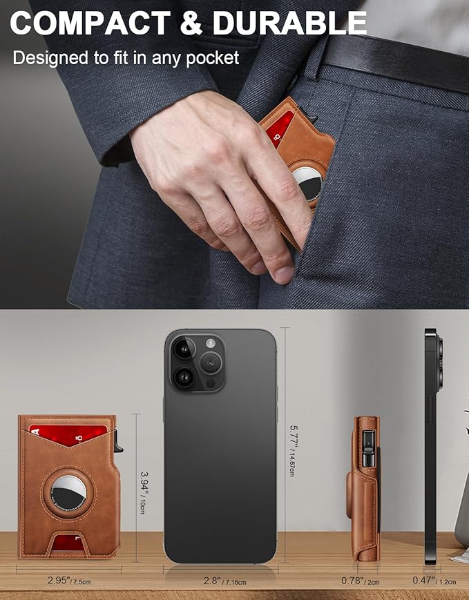 Airtag Wallet for Men, Minimalist Slim Mens Wallet Smart Pop Up Credit Card Holder for 9-13 Cards, RFID Blocking Wallet with ID Window & Cash Slot, Compact Bifold Metal Aluminum Card Case