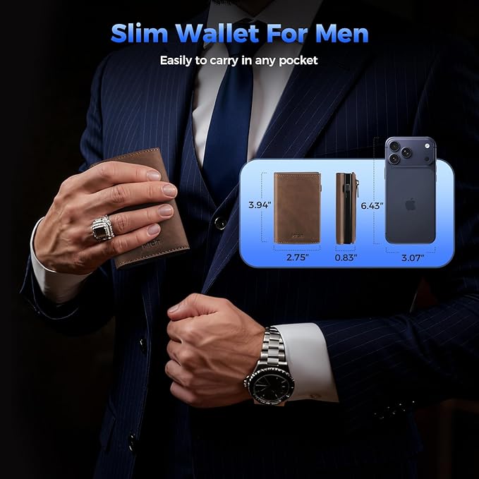 Mrain Mens Slim Minimalist Wallet Card Holder with Coin Pocket, Cash Slot, Magnetic Closure, Pop Up Aluminum Case, ID Window, Leather Wallet, RFID Blocking, 9-13 Card Capacity, Crazy Horse Brown