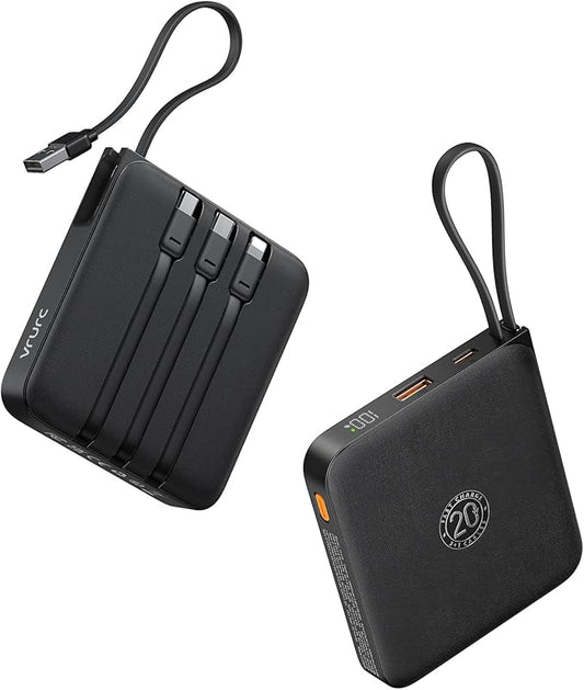 VRURC 20000mAh Portable Charger with Built-in Cables, Travel Essentials, 22.5W Fast Charging Power Bank for iPhone, Phone Battery Pack for iPhone 16 15 14 13 12 11 x Samsung Galaxy Series(1 Pack)