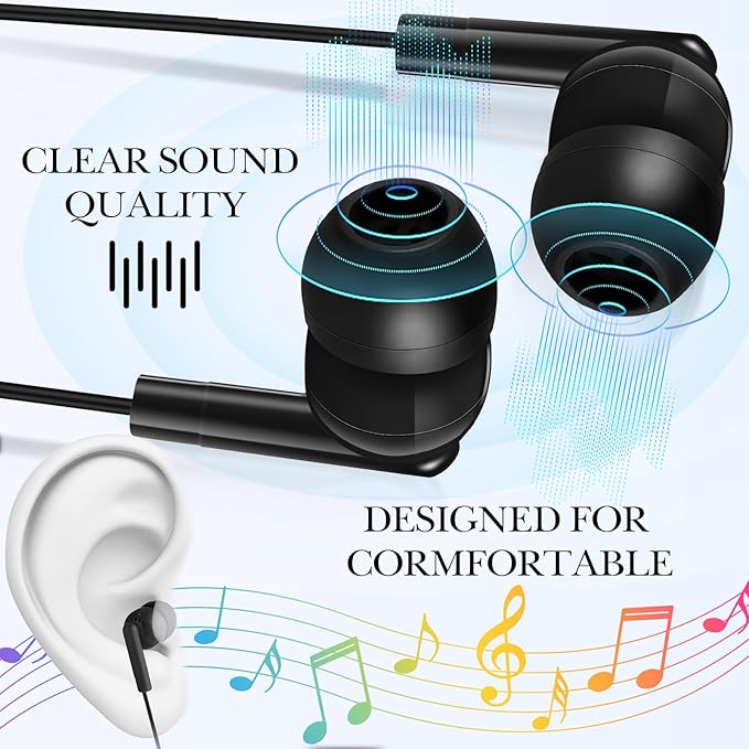 Kanayu 50 Pack Wired Earbuds Bulk for Classroom Ear Headphones Wired Basic Student Earbuds No Microphone with 3.5MM Jack for Class Laptop School Library, Individually Bagged (Black)