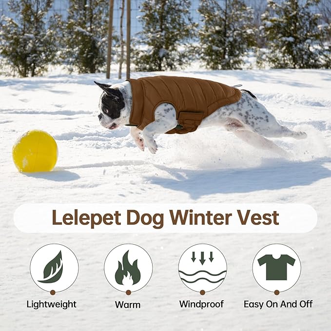 Lelepet Reversible Dog Coat Waterproof Dog Jacket Windproof Puffer Vest for Winter Warm Lightweight Coats for Small Dogs Adjustbale Hook & Loop Pet Apparel with Leash Hole, Pug, Brown, M