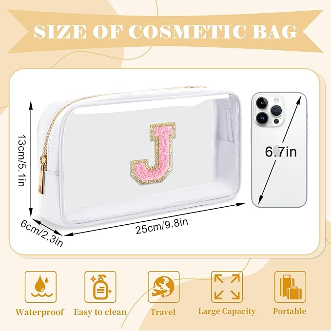 Personalized Initial Letter Clear Makeup Bag,Preppy Small Nylon&PVC Cosmetic Zipper Bag with Chenille Letter,Travel Skincare Toiletry Bag,Monogram Christmas Gift for Teen Girls Women,J
