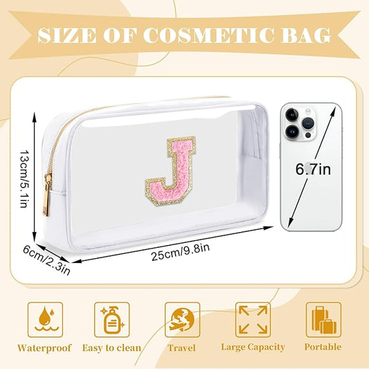 Personalized Initial Letter Clear Makeup Bag,Preppy Small Nylon&PVC Cosmetic Zipper Bag with Chenille Letter,Travel Skincare Toiletry Bag,Monogram Christmas Gift for Teen Girls Women,J