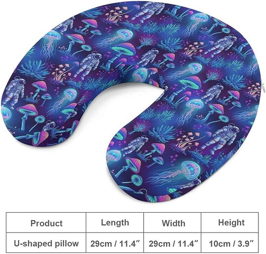 Lightweight Travel Neck Pillow Underwater Jellyfish Astronauts Mushroom Art Memory Foam U Shaped Cushion, Washable Removable Cover for Airplane Car Outdoor Rest