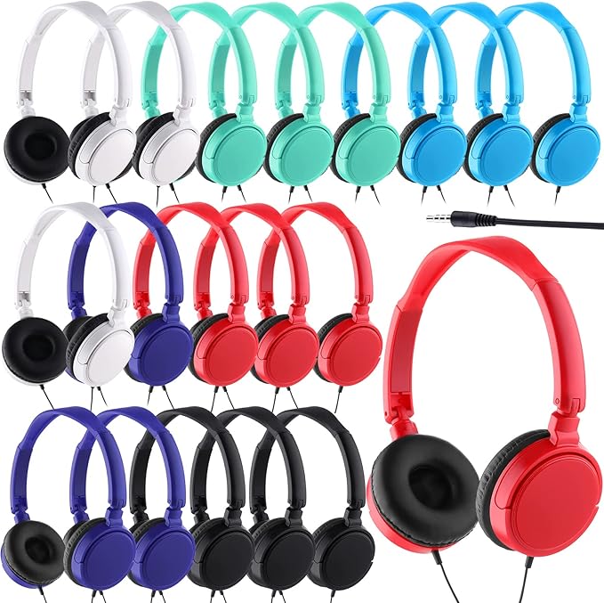 Yunsailing 6 Pack Classroom Headphones Bulk Student Wired Class Headphones Set for School with Individually Wrapped Adjustable Over Ear Head Earbuds (Multicolor)