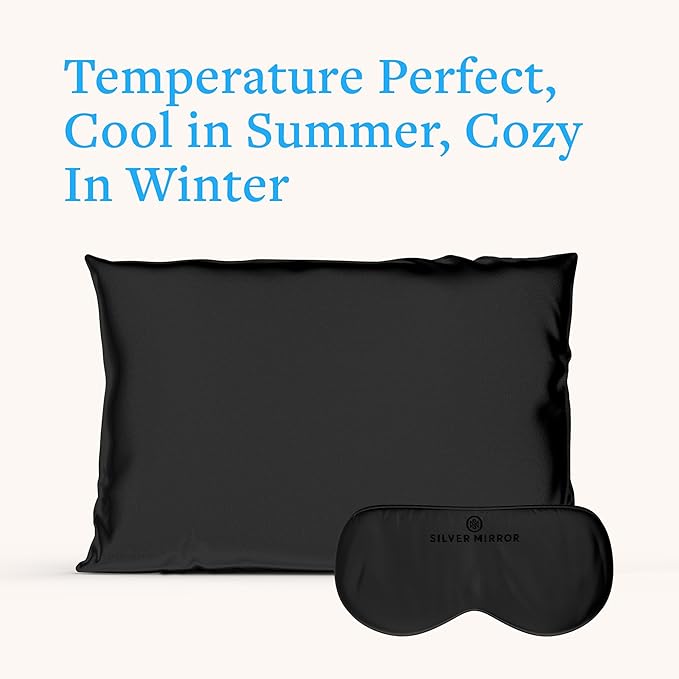 Silk Sleep Essentials Set in Black: Pillowcase and Eye Mask, 25" x 19.5" Fits Standard Queen Pillow, 22mm 6A Grade, for Gentle Sleep, Anti-Breakage, Tangles, Creases, and Wrinkles