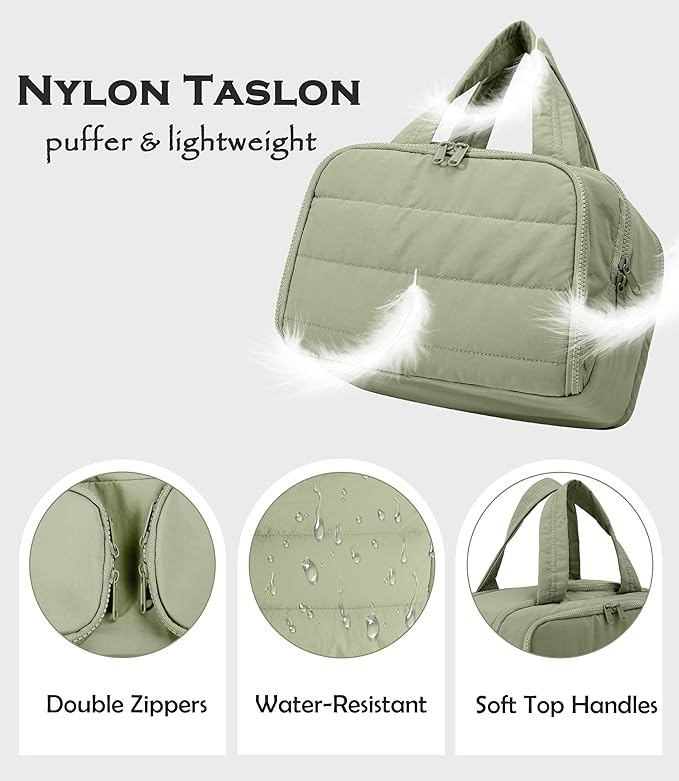 Travel Toiletry Bag for Women, Large Wide-open Puffy Cosmetic Makeup Bag with Wet-Dry Separation, Multi-Pocket Organizer with Carry Handle for Toiletries, Cosmetics, Essentials, Green